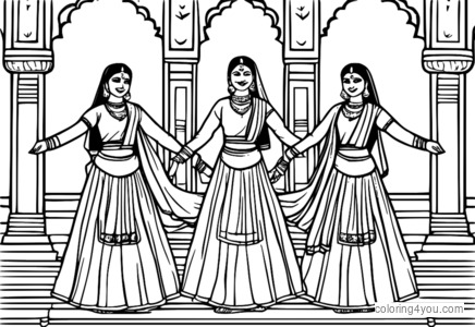 Group of young girls performing Kathak dance together, wearing traditional attire and smiling brightly