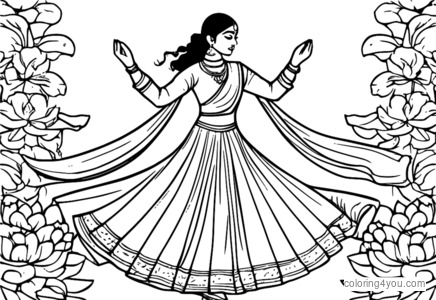 Kathak-danser står i en rolig klassisk holdning, iført tradisjonell antrekk og omgitt av fargerike blomster