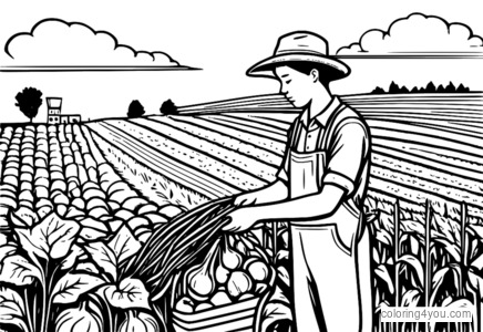 Colorful illustration of a kid helping a farmer harvest vegetables