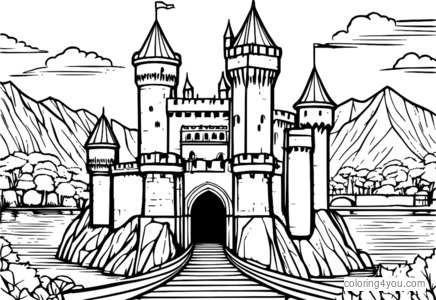 Castillo medieval con puente levadizo y foso para colorear