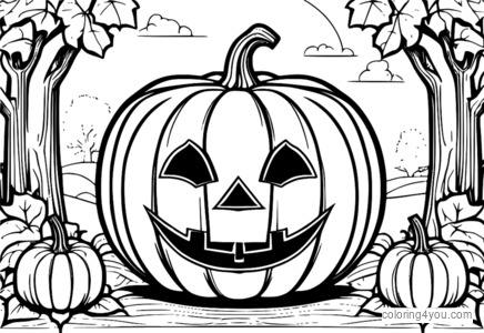 Big pumpkin with a carved smiling face and safety guidelines