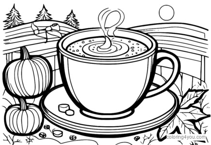 Pumpkin hot chocolate coloring page with marshmallows