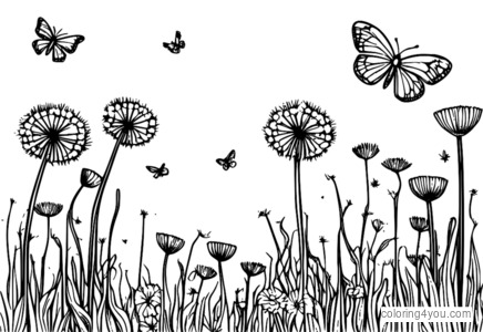 Rainbow coloring page of dandelions and butterflies