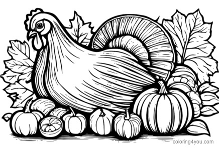 Coloriage - Corne d'abondance de Thanksgiving remplie de fruits et de dinde