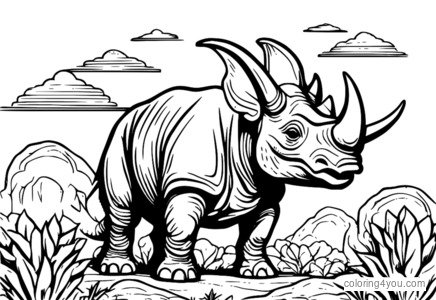 Dinosawru Triceratops bi tliet qrun, imqiegħed kontra sema blu bi sħab abjad fluffy.