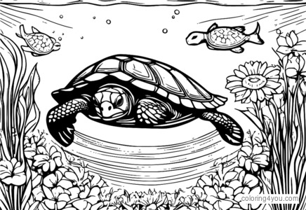 Coloriage d'une tortue heureuse et souriante nageant dans une piscine d'eau, entourée de fleurs.