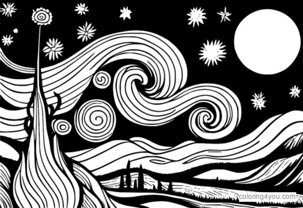 Coloring page of Van Gogh's Starry Night with bold brushstrokes and a darker tone