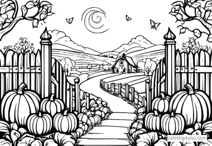 A picture of a whimsical pumpkin patch with tiny pumpkins and vines.