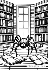 Anansi păianjenul înconjurat de o bibliotecă de cărți, cu o pană în mână