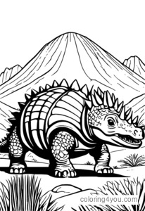 Detaljeret og farverig illustration af en ankylosaurus med køllelignende hale i et forhistorisk ørkenlandskab.