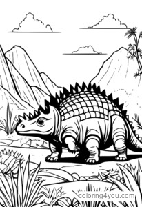 Detailed Ankylosaurus illustration with club-like tail, in a prehistoric landscape.