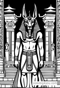 Coloriage d'Anubis debout devant un temple avec des hiéroglyphes.