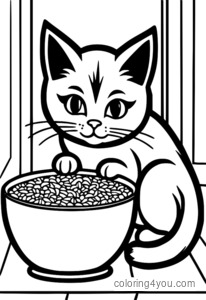 Mischievous cat sniffing a bowl of cat kibble