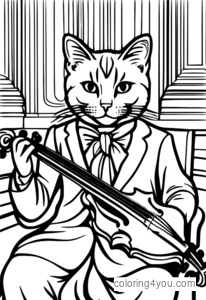 Coloring pages featuring a sophisticated cat playing a violin