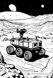 Curiosity Rover på månens yta utforskar en krater med ett vidsträckt månlandskap i bakgrunden