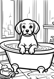 A funny dog puppy sitting in a bathtub, being groomed by its owner