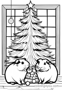 Group of guinea pigs gathered around a Christmas tree