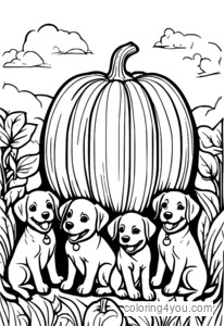 Happy little puppies throwing a ball for a pumpkin