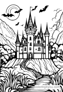 Haunted castle with bats and spiders waiting for you to color them.