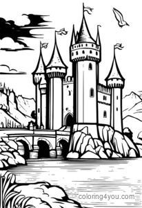 Medieval castle with drawbridge and moat coloring page