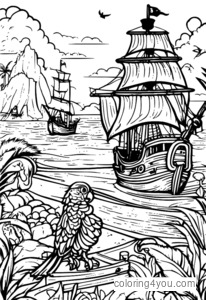 Coloriage - Naufrage de pirate avec perroquet pour Colorier