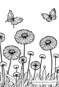 Rainbow coloring page of dandelions and butterflies