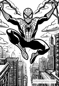 Spider-Man slingert door de stad met pluizige wolken