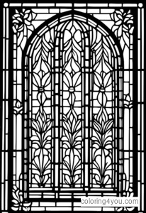 stained glass window na may Renaissance pattern coloring page