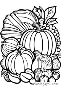 Coloriage - Corne d'abondance de Thanksgiving remplie de fruits et de dinde