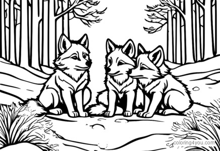 Baby wolves playing in the snow coloring page