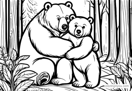 Big brown bear hugging little bear