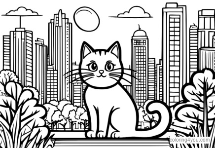 色とりどりの木々や建物に囲まれた街中でボールで遊ぶ漫画の猫。