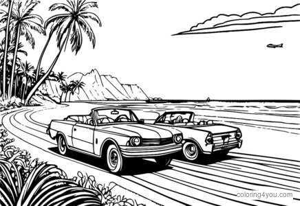 A family of three in a convertible on a beachside road.