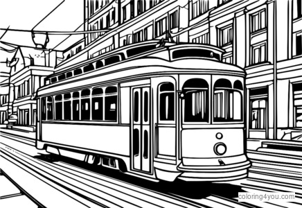 Coloring page of the different parts of a trolley car