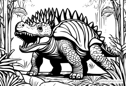 Ilustrasi rinci lan warni saka klompok Ankylosaurus karo bayi ing alas prasejarah sing subur.