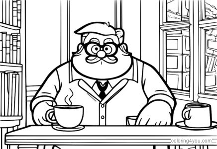 Grunkle Stan med bart og en kopp kaffe ser gretten ut