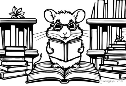 Hamster duduk di atas timbunan buku, memakai cermin mata, dan membaca buku