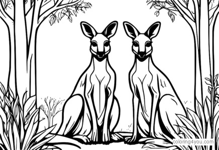 A kangaroo family is together, surrounded by eucalyptus trees, with joeys in pouches.