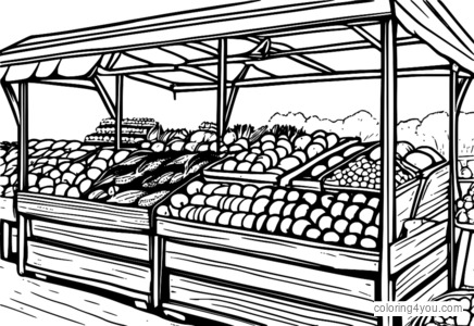 Coloring page of a kid-friendly vegetable stand at a farmers market.