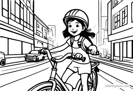 Giovane ragazza in bicicletta che impara a conoscere la sicurezza stradale indossando un casco e un grande sorriso sul viso