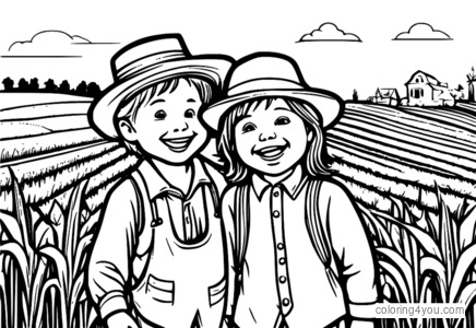 Group of kids with happy scarecrow in cornfield