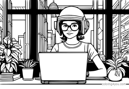 Lisa Loud coding on her laptop while wearing her favorite science fiction helmet