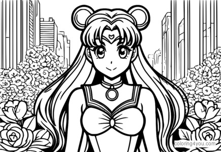 Sailor Moon e suas amigas espalhando amor e gentileza pela cidade, rodeadas de flores e corações