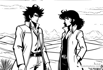 Spike Spiegel og Faye Valentine står midt i en ørkensolnedgang fra Cowboy Bebop.