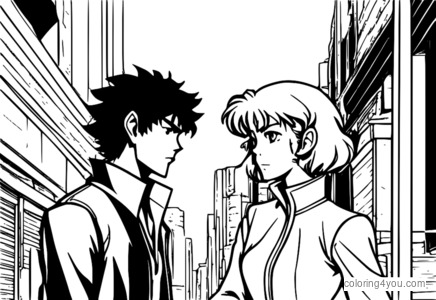 Spike Spiegel nabízí pomocnou ruku Faye Valentine z Cowboy Bebop.