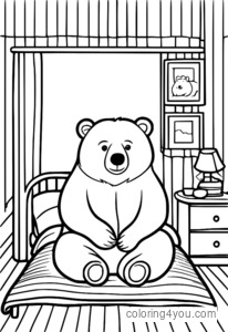 Bear getting ready for bed in a bedroom