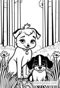 Betty Boop and Pudgy the pup sitting on a green grass field