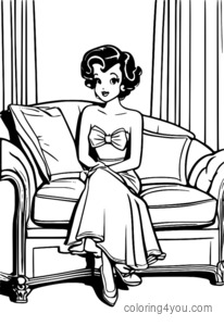 Betty Boop sitter på en sofa, iført sin ikoniske røde kjole og sløyfe