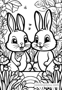 Cute cartoon rabbits sa isang hardin