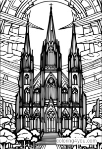 Pangkulay na pahina: Gothic cathedral sa paglubog ng araw na may stained glass